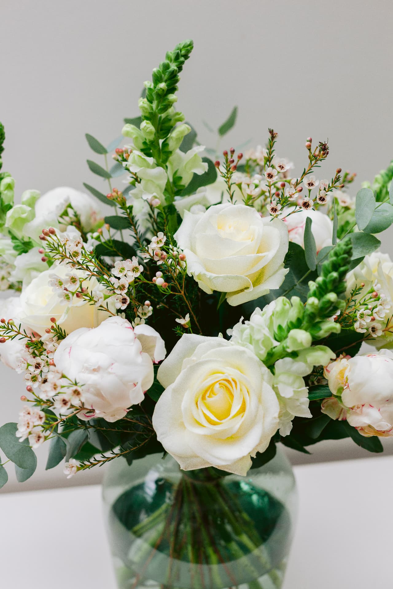 Bramble & Willow bouquet of white roses, peonies and eucalyptus